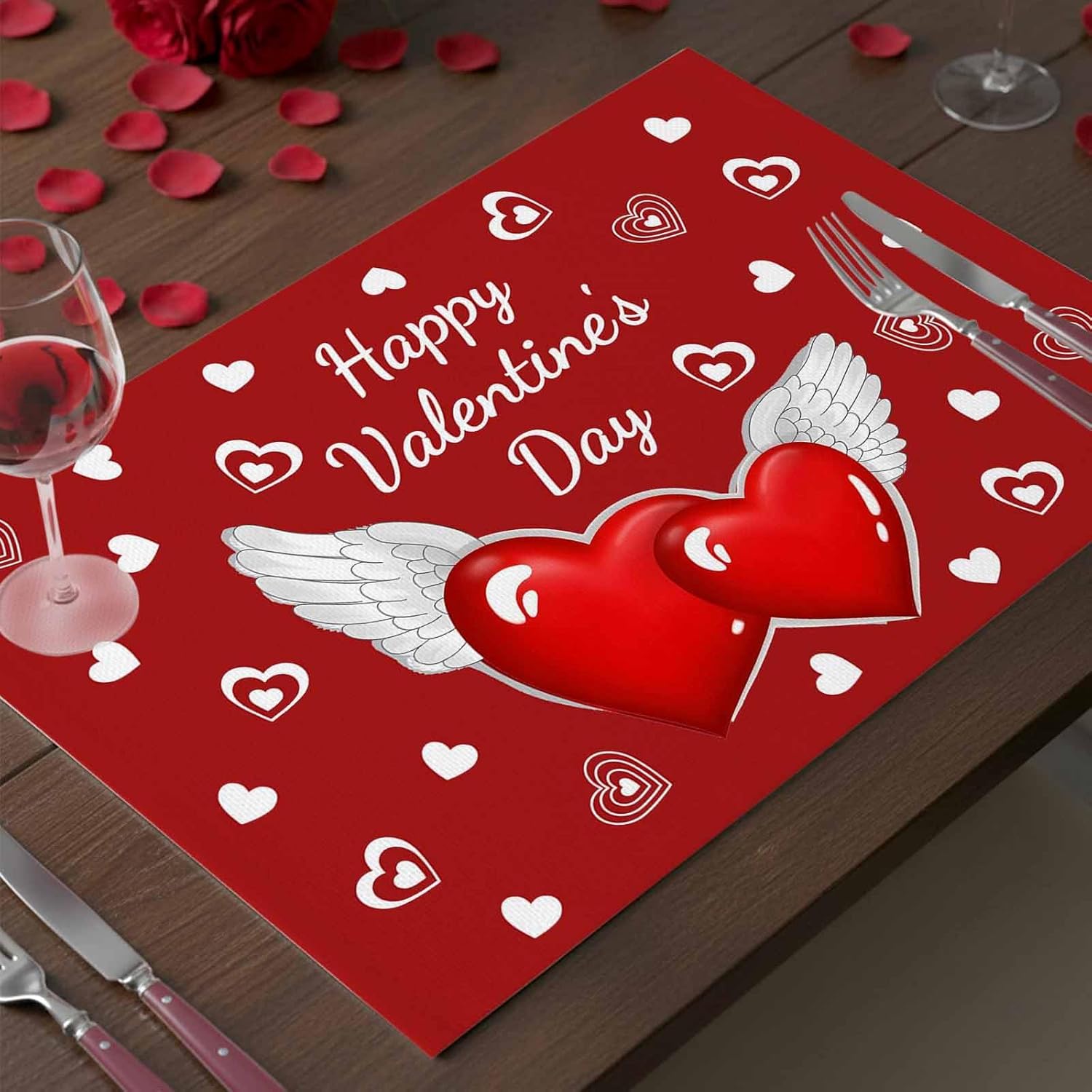 Valentine's Day Placemats Set of 4, Happy Valentine's Day Placemat for Dining Table Decorations, Love Heart with Wing Place Mats, Valentines Table Mats for Kitchen Dinner Holiday Party Decor