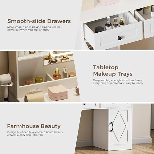 Miniatura 6 de COMHOMA Tocador de Maquillaje con Espejo y Luces, Mesa de Tocador Grande con 6 Cajones y 1 Armario de Almacenamiento, Mesa de Tocador Blanca para