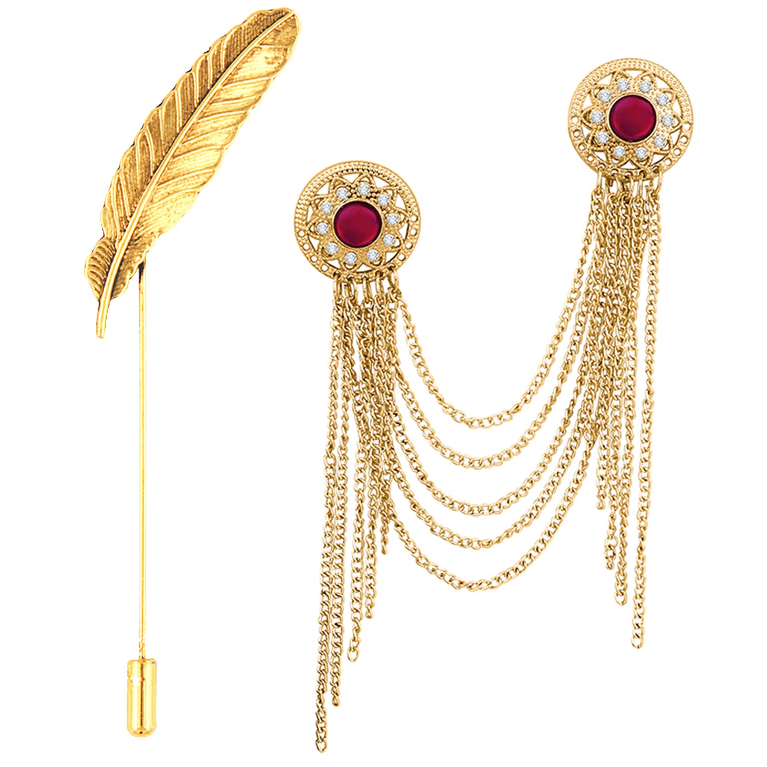 Mahi Combo of Leaf and Layered Chains Wedding Brooch/Lapel Pin with Maroon Crystals for Men (CO1105492G) (B0BKT58GM9) Amazon Price History, Amazon Price Tracker