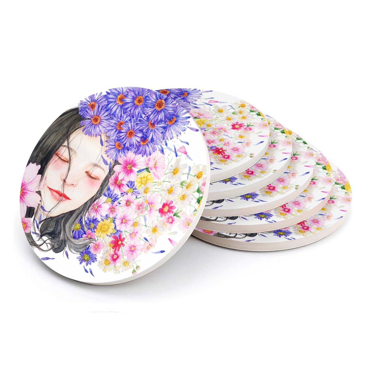 Sous-verre ronds en céramique aquarelle fille et fleurs Japon, lot de 6 pièces de 108 mm