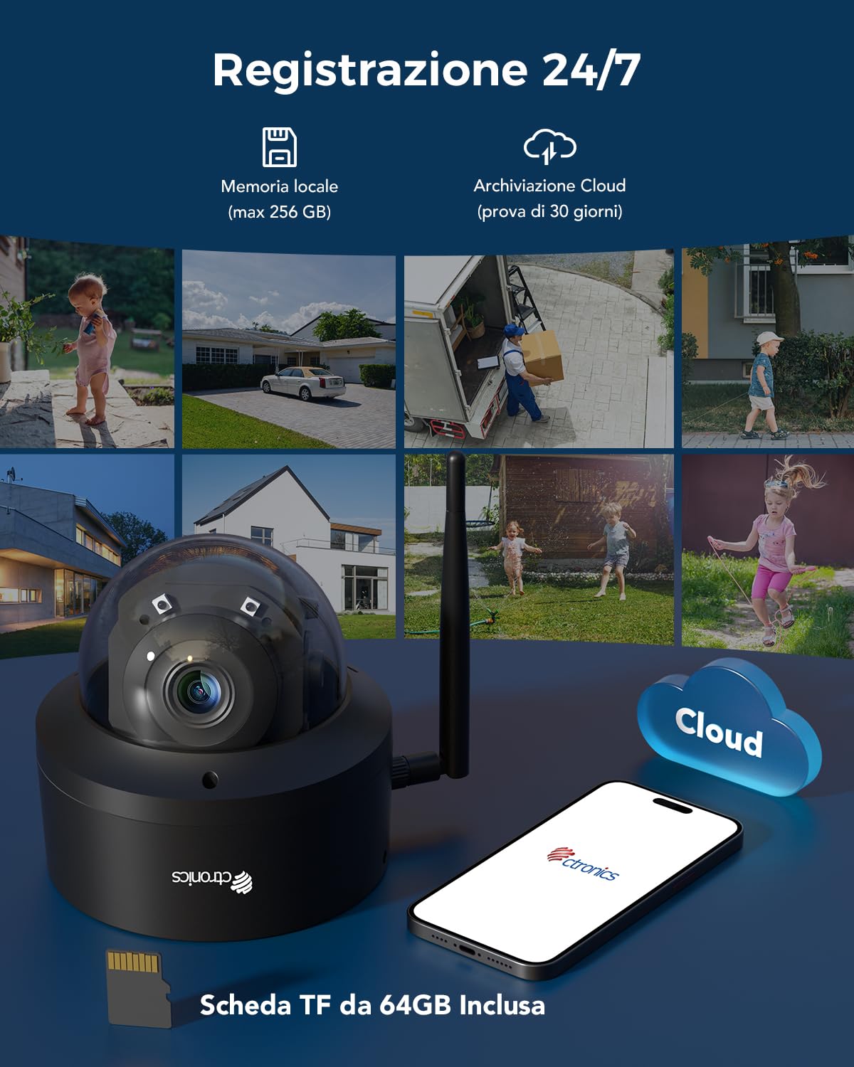 Ctronics 4K 8MP PTZ Telecamera WiFi Esterno 2,4/5Ghz, Carta TF 64G Inclusa | IP Videocamera Sorveglianza Esterno, Rilevamento Persone/Veicoli/Animali, Auto-Tracking, UHD Visione Notturna IR