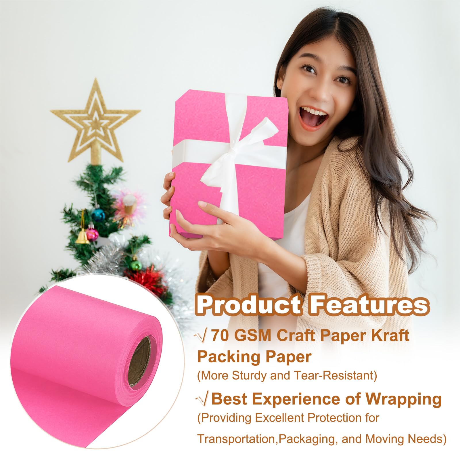 PATIKIL Wrapping Paper, 15" x 394"(33') 70 GSM Craft Paper Roll Kraft Packing Paper for Poster Bulletin Board Gift Wrapping, Pink - Image 3
