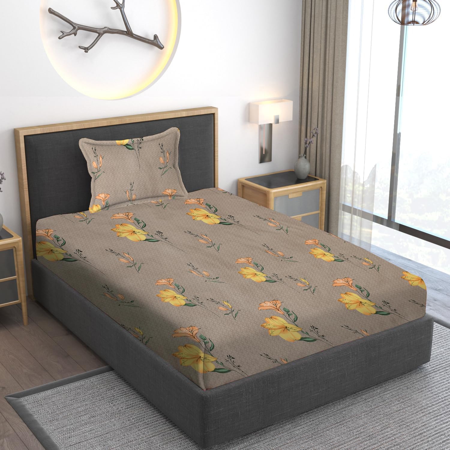 Home Stylish 280 TC Floral Print Ezyption Cotton 1 Single Bedsheet with 1 Pillow Cover Yellow Brown