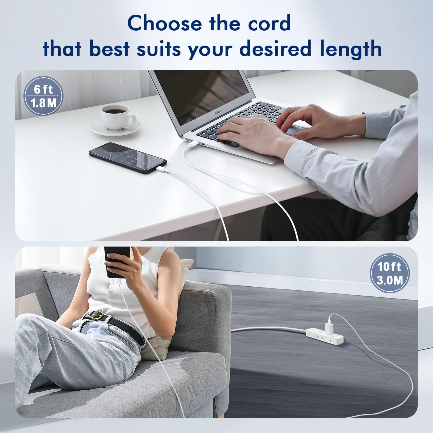 Cavo da USB C a USB C (1,8 m, confezione da 2), cavo di ricarica rapida intrecciato tipo C da 60 W, lungo per iPhone 17/16/15 Pro Max, Samsung S25, S24, S23, Note 20, MacBook, iPad Air, bianco