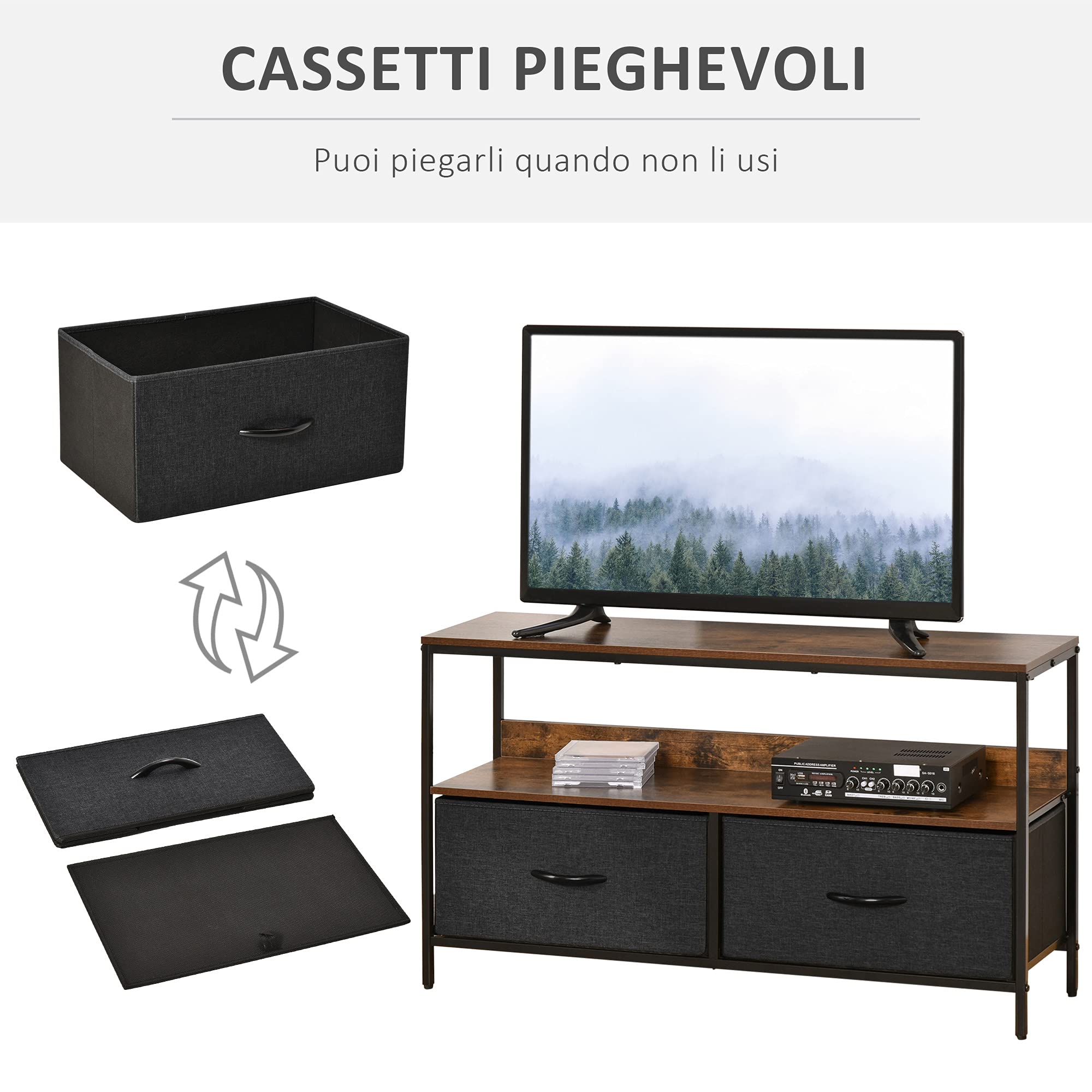 HOMCOM Mobile Porta TV Fino a 47", 98x29x56 cm, Marrone Rustico | Mobile TV, con 2 Cassetti Pieghevoli in Tessuto e Mensola, Mobiletto per Televisore per Soggiorno, Camera da Letto e Salotto