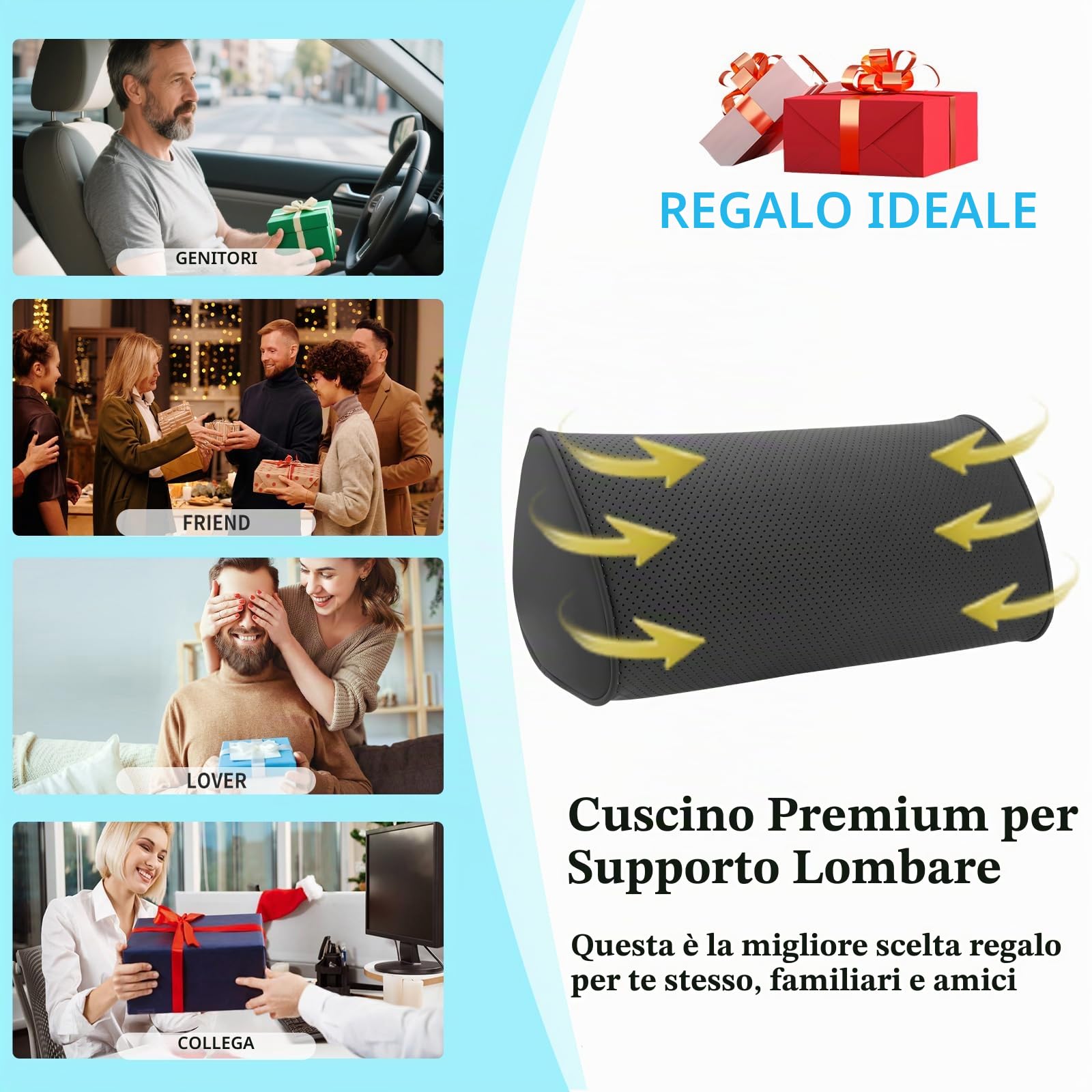 Cuscino Lombare Auto, Cuscino Lombare Ergonomico, Supporto per la Schiena in Schiuma di Memoria per Seggiolino Auto, Sedia da Ufficio, Nero