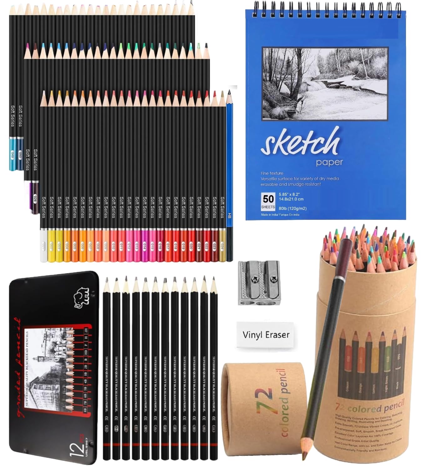 Corslet Set of 85 Pcs - 72 Pcs Colour Pencil Set for Kids Pencil Colour & 12 Pcs Drawing Pencil Set Art Supplies for Artist Sketch Shading Graphite Pencils Set with A5 Drawing Sketchbook 50 Pages