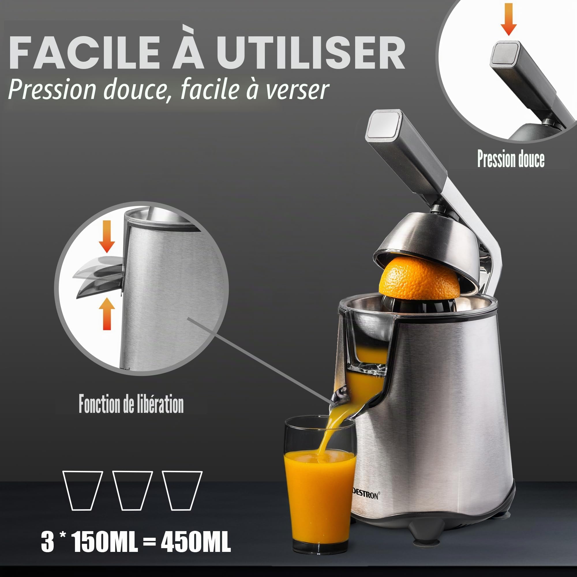 Bestron Presse-agrumes électrique, presse-agrumes orange avec fonction arrêt du bec verseur et infuseur à fruits en acier inoxydable avec 2 cônes capacité 450 ml, levier de pression souple pour une