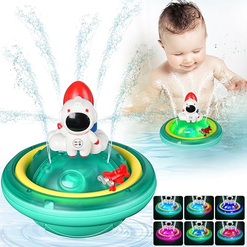 Juguetes de baño para niños pequeños, aspersor astronauta, juguetes de bañera para niños pequeños con luz RGB, rotación y rocío, juguetes de baño