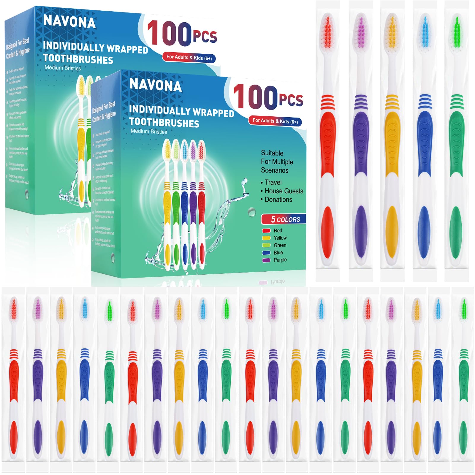 Navona 200 PCS Premium Individually Wrapped Bulk Toothbrush Pack, Disposable Toothbrushes, Kids Toothbrush, Medium Soft Bristle Toothbrushes,