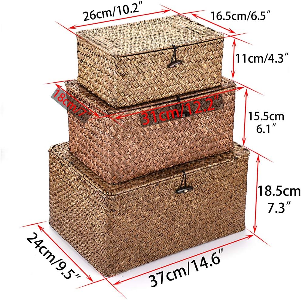 Hipiwe Set of 3 Natural Seagrass Storage Baskets with Lid - Large Handwoven Wicker Storage Bins Rectangular Household Organizer Boxes Shelf Wardrobe Organizer, Coffee