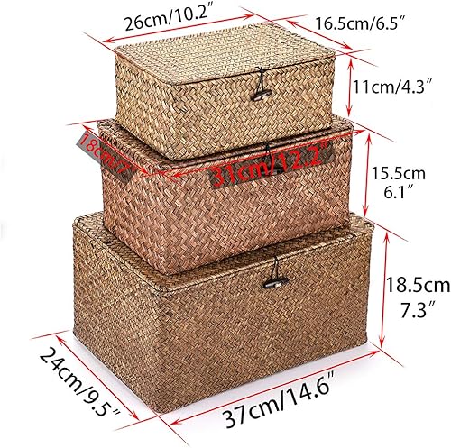 Miniatura 5 de Hipiwe Cestas de estante con tapa juego de 3 cestas de mimbre tejidas a mano cajas de almacenamiento con tapa para el hogar cestas organizadoras de