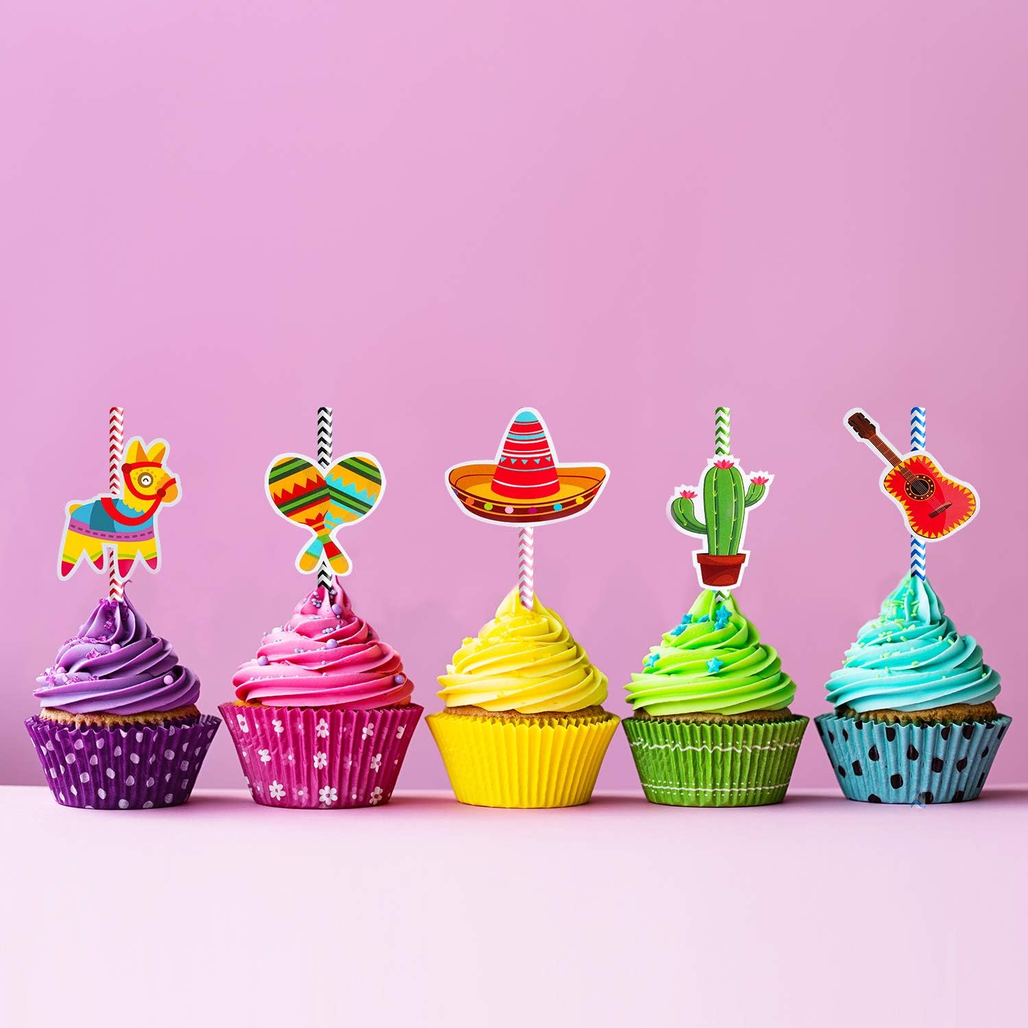 Blulu 72 Pieces Mexican Themed Fiesta Birthday Taco Tuesday Party Decorations Paper Striped Straws Cupcake Cake Toppers Party Supplies for Hawaiian Parties, Photo Props, Carnivals Festivals, Wedding - Image 5