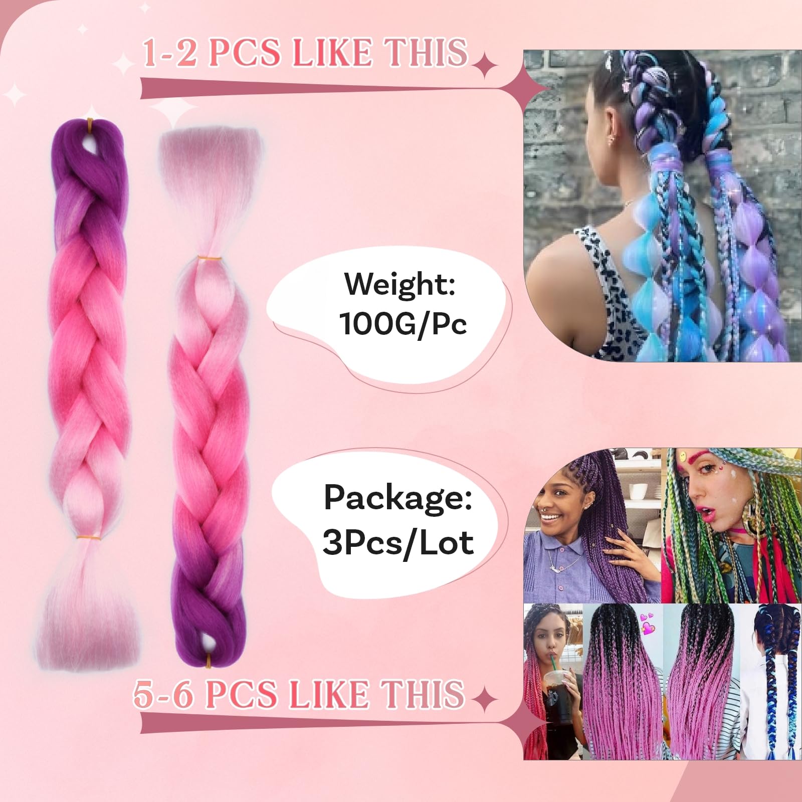 SEGO Pro Braiding Hair Extensions 24 Inch Yaki Synthetic Jumbo Box Braid Hair for Crochet Twist Braids for Women Pack of 1 (Purple to Peach Pink to Pink) - Image 3