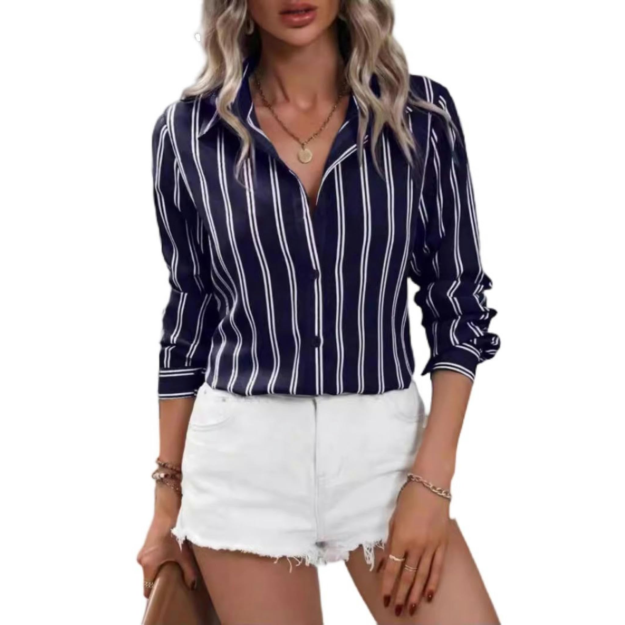 Nuova Camicia da Donna a Maniche Lunghe a Righe alla Moda in Stile pendolare