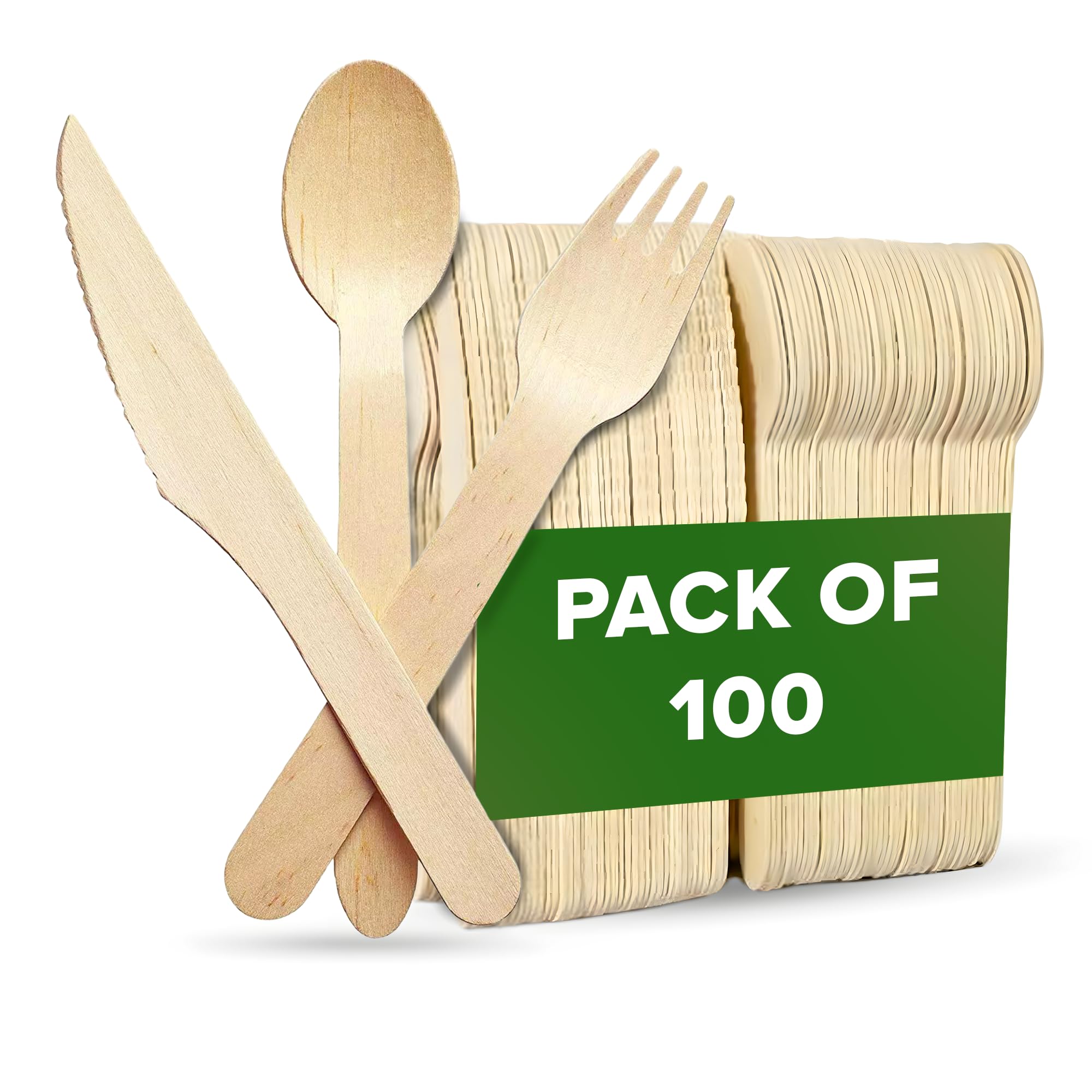 Ecowise Disposable Wooden Cutlery Set - Pack of 100 Eco-Friendly Biodegradable Disposable Cutlery - Party Cutlery Assorted Wooden Spoons Forks and Knives — image 1