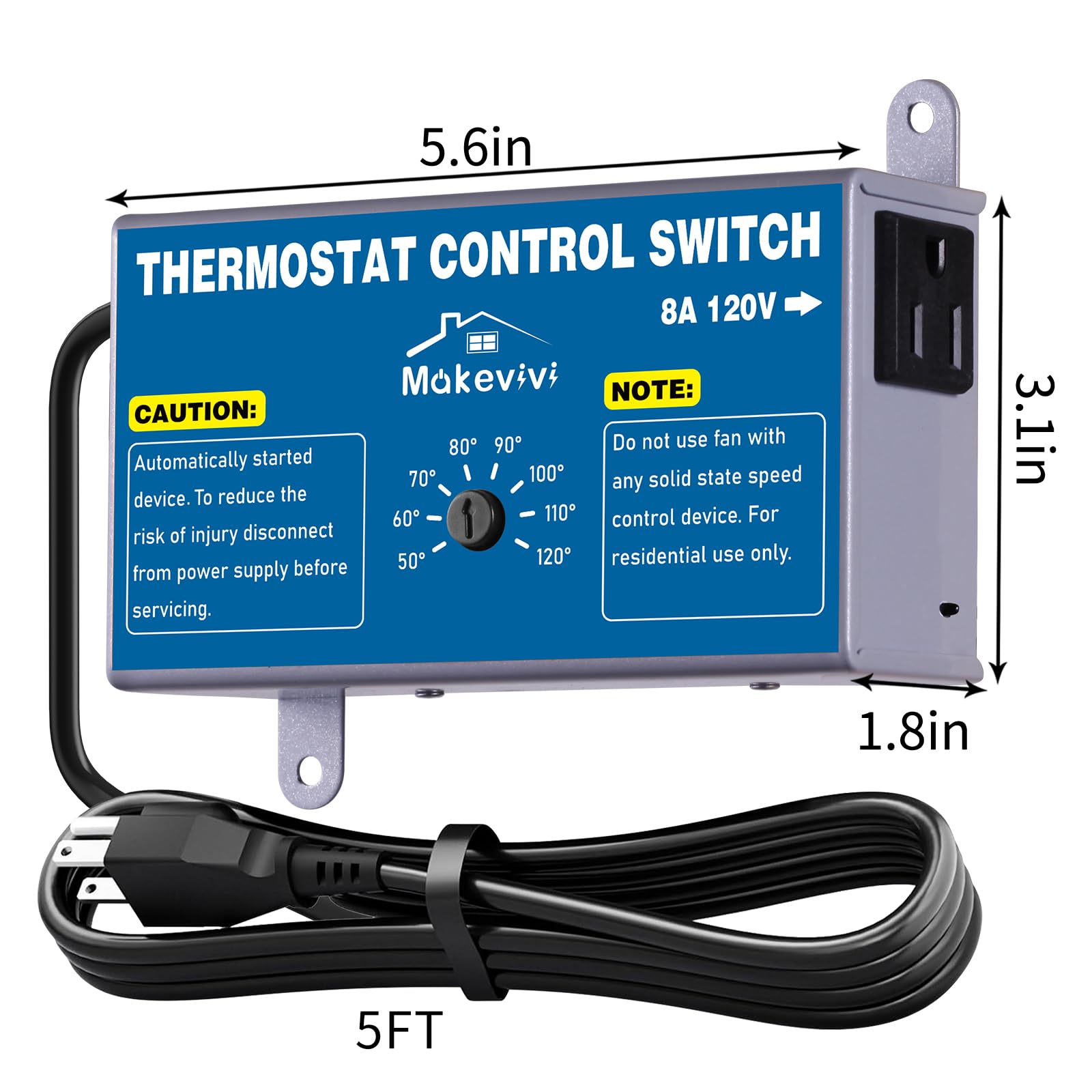 Paquete de 2 controladores de termostato para ventilador de ático, interruptor de control de temperatura ajustable con enchufe, protector de sobrecarga y sobretensiones, termostato de ventilador de