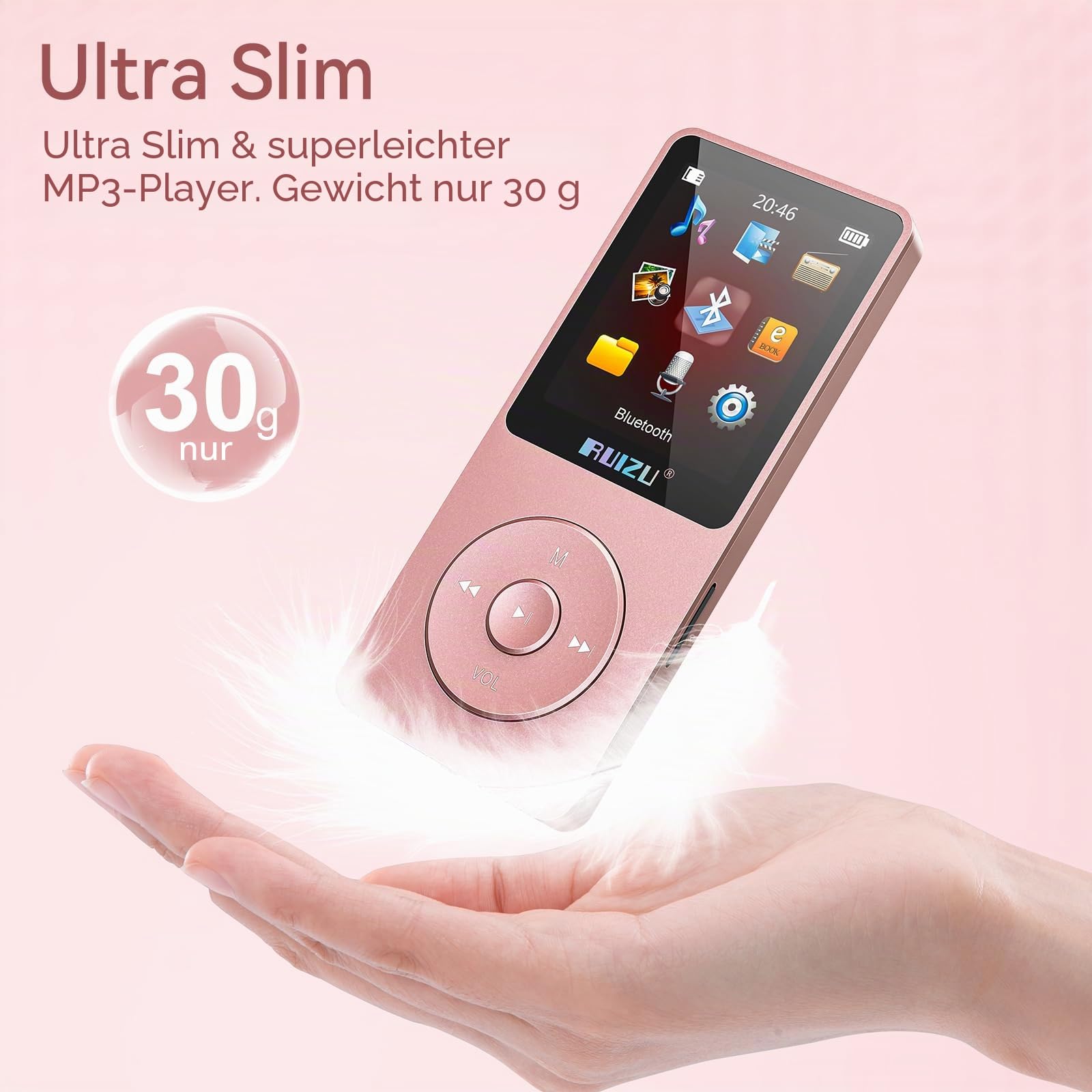 RUIZU 32GB MP3 Player with Bluetooth 5.3, 1.8" Screen Portable Music Player, FM Radio, Voice Recording,80H Digital Audio Video Playback,Support 128GB，Rosagold