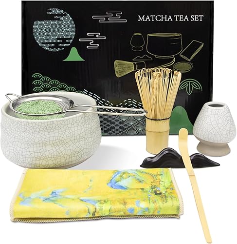 Juego de batidor de matcha, juego de té Matcha, 7 piezas, batidor y cuchara de bambú, tamiz de acero inoxidable, cuenco de cerámica, soporte para