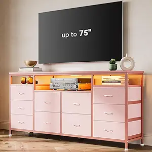 63.3 Inch Dresser for Bedroom, 10 Drawer Dresser TV Stand for 65 70 75 Inch TV, Fabric Chest of Drawers with LED Lights & Power Outlets, Long Entertainment Center for Closet, Living Room, Entryway