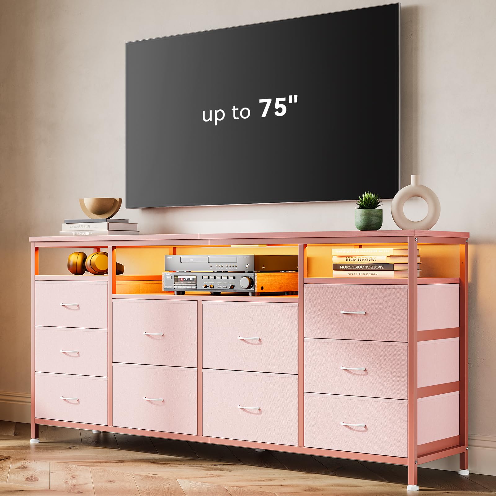 63.3 in Dresser for Bedroom, 10 Drawer Dresser TV Stand for 65 70 75 in TV, Fabric Chest of Drawers with LED Lights & Power Outlets, Long