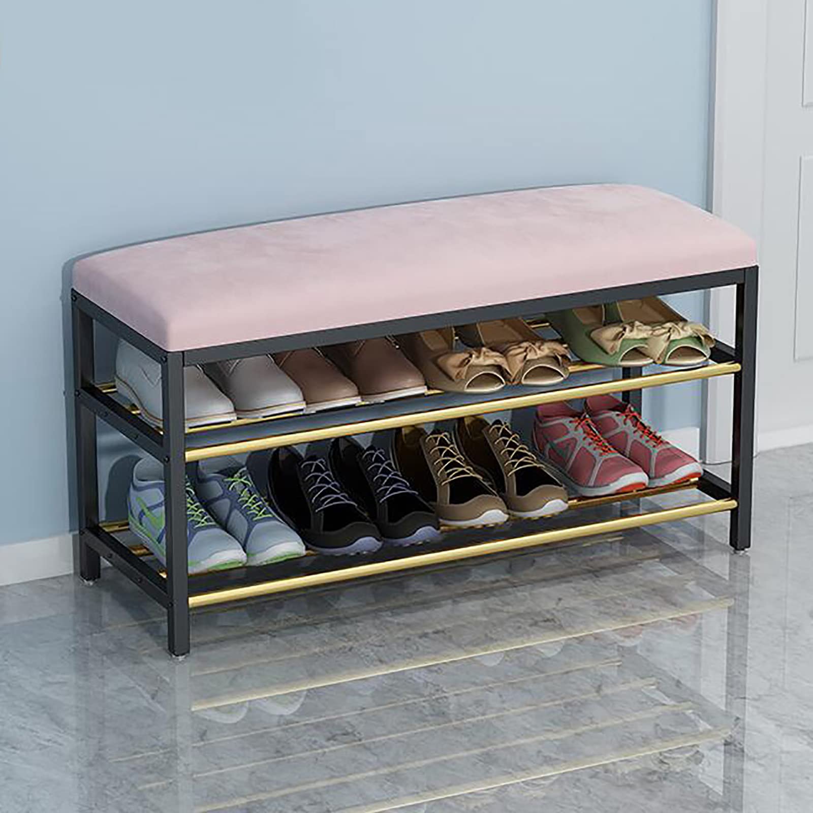 MYUYEE Shoe Storage Bench Ottoman Storage Benches Entryway Shoe Bench With Storage,2 Tier Metal Shoe Rack With Faux Leather Seat,Upholstered Shoe Storage Orga For Hallway Bedroo(Pink-80X30X45Cm)