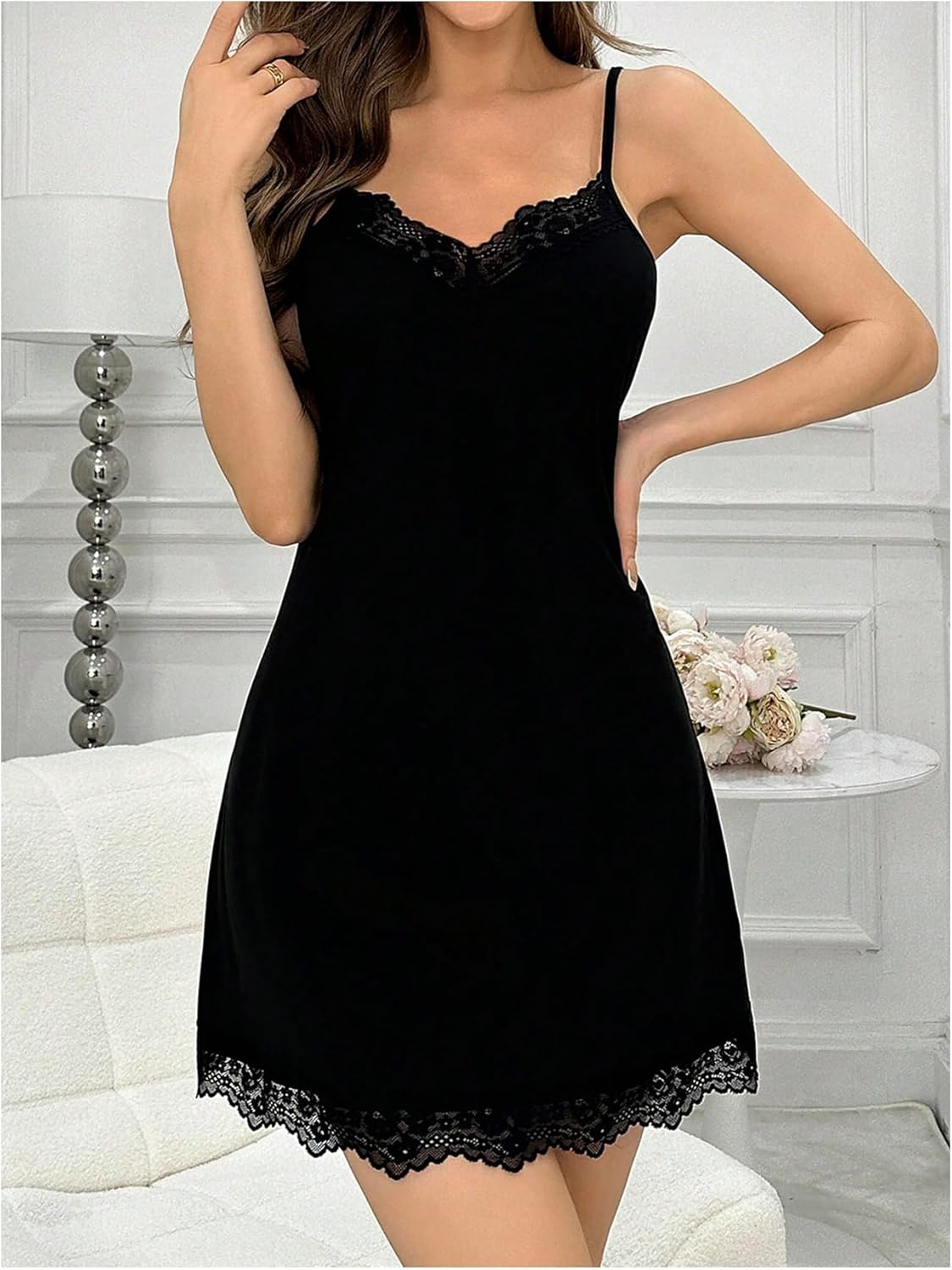 Women's Lace Trim Babydoll Nightgown V Neck Spaghetti Strap Slip Dress Sleepwear - Image 5