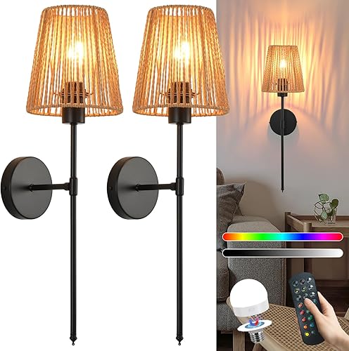 Juego de dos apliques de pared a pilas, con pantalla de ratán negro, luces de pared inalámbricas con bombillas recargables remotas, 15 colores y
