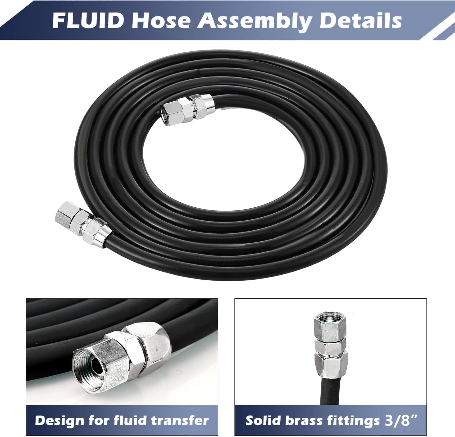 12 Foot Fluid Hose Assembly Set with Fittings for Spray Guns, Paint Pressure Pot Tanks, Professional Heavy Duty, 3/8" NPS, 3/8" Hose ID