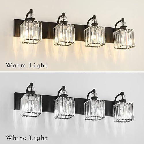 Miniatura 3 de Ralbay Lámpara de tocador de cristal negro, 4 luces de 31.5 pulgadas, modernas lámparas de pared de baño negro mate sobre espejo