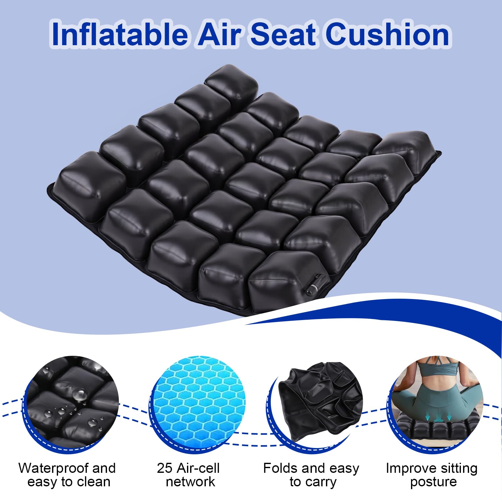 Cojín inflable para asiento de aire, cojín de asiento ajustable para alivio de presión para dolor de coxis y ciática, almohadilla portátil para asiento de aire, para silla de ruedas, coche
