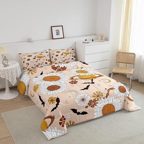 Miniatura 2 de Erosebridal Groovy Daisy - Juego de ropa de cama tamaño Queen para niñas y mujeres, juego de edredón floral retro con flores de luna y estrellas,