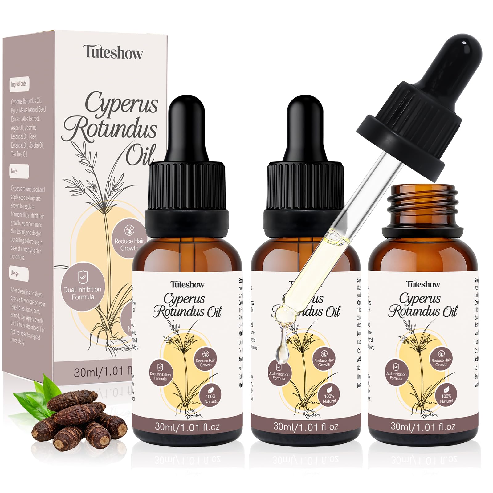 3 PCS Cyperus Rotundus Oil for Hair Removal, Natural Inhibitor Hair Removal Oil, with Apple Seed Extract, Jojoba Oil, Tea Tree Moisturize and Soothe for Daily Life, 1.01 fl.oz