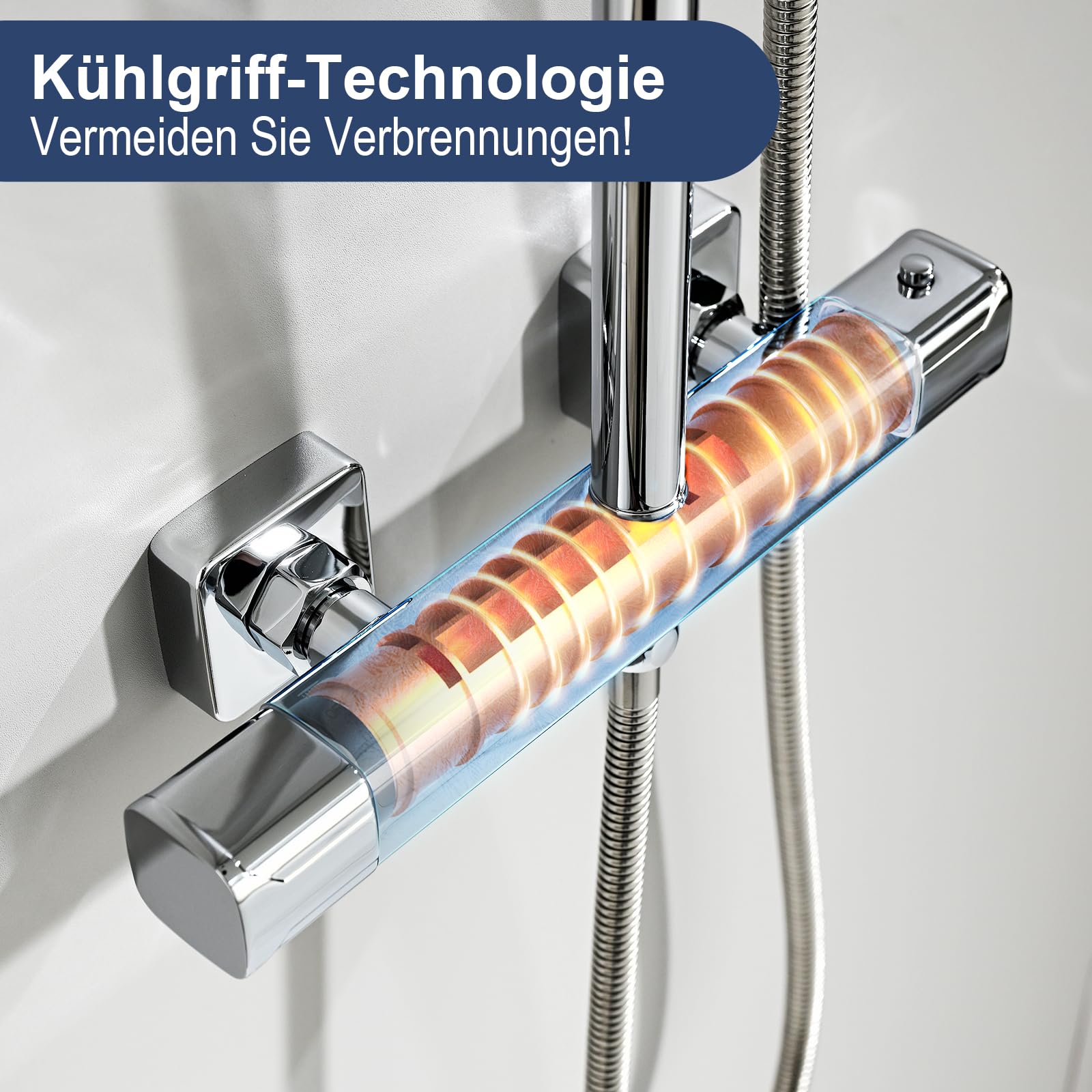 Duschsystem mit Thermostat Edelstahl Regendusche 25cm Handbrause 3 Strahlarten Duscharmatur Komplettset Höhenverstellbar mit Anti-Verbrühungsschutz Wassersparend Einfach Installieren