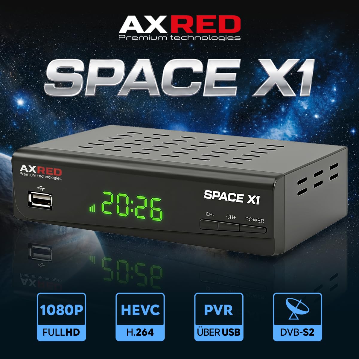 [ Test SEHR GUT, Note 1.0 *] AXRED Space X1 HDTV Sat Receiver mit Aufnahmefunktion, HD fähig, Full HD, Digital Sat-Receiver für Satellitenschüssel Satelliten Satellit TV Fernseher, HD-Receiver, HDMI