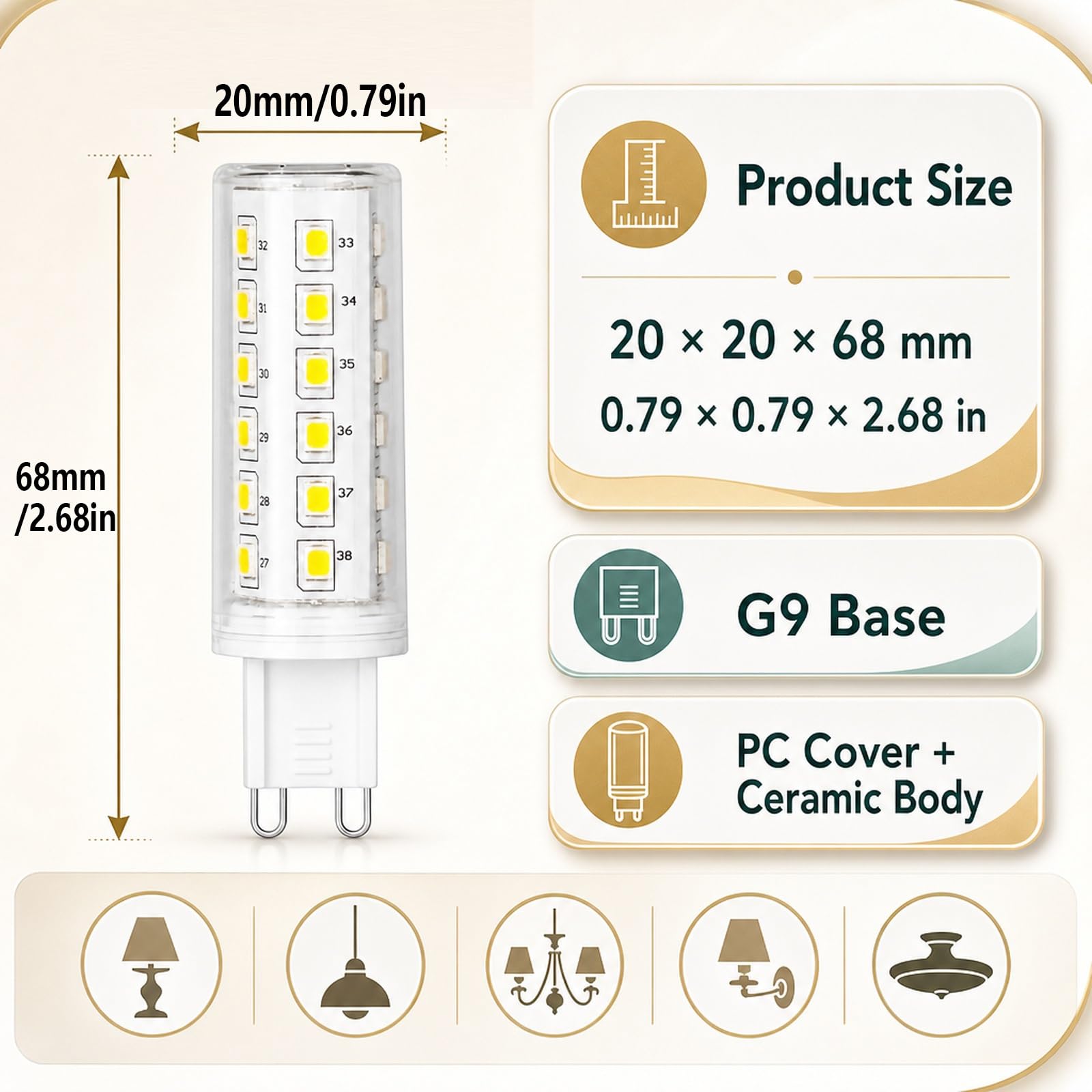 Bombilla LED G9 Luz Cálida 3000K, 5W=40W, Sin Parpadeo, Ahorro Energía, CRI≥80, Larga Vida, Para Araña, Aplique, Pasillo, Iluminación Interior, No Regulable(6 Pack)