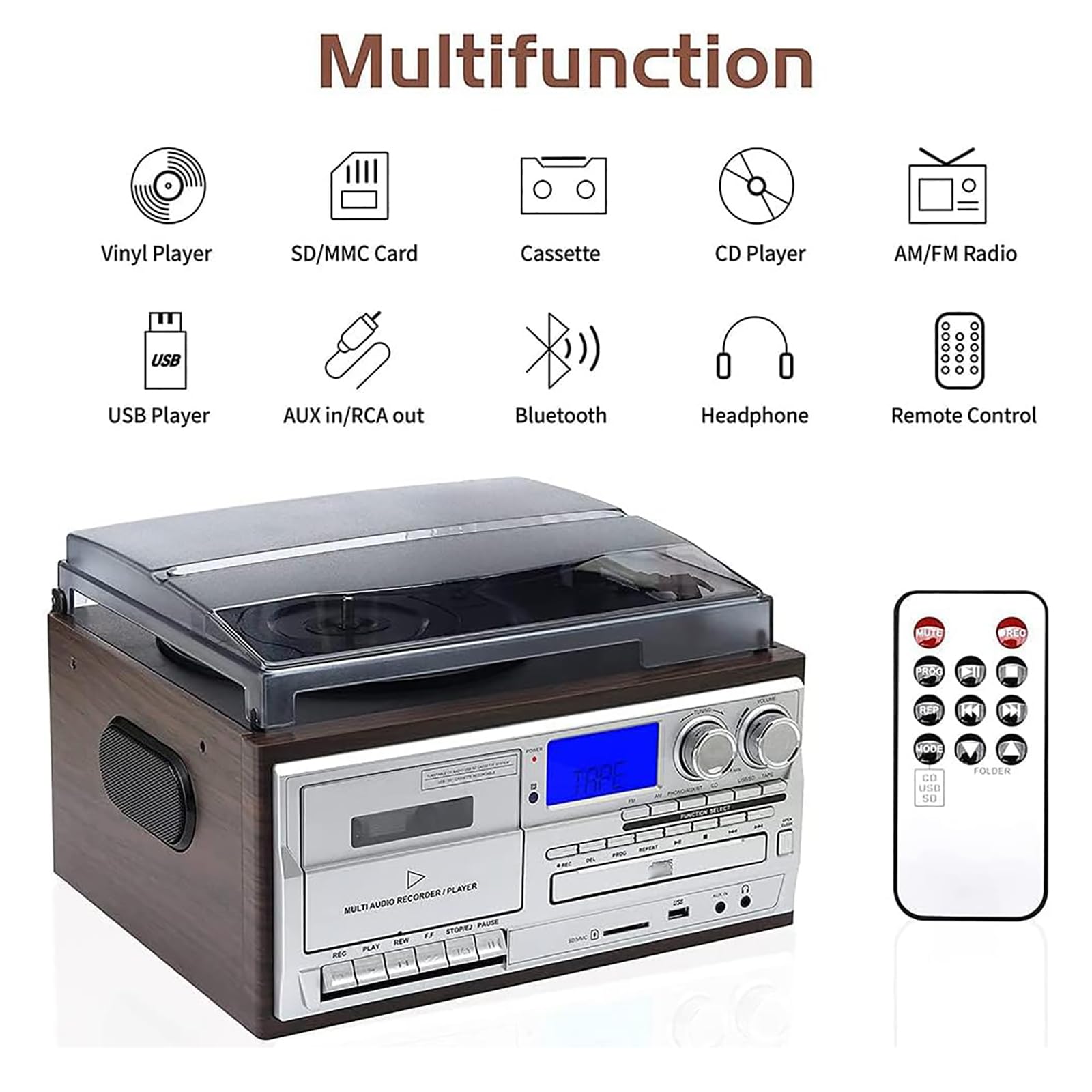 Giradischi Bluetooth retrò, giradischi vintage a 3 velocità con altoparlanti integrati, lettore CD, radio AM/FM/SD/USB, per dischi o album in vinile (7", 10" e 12")