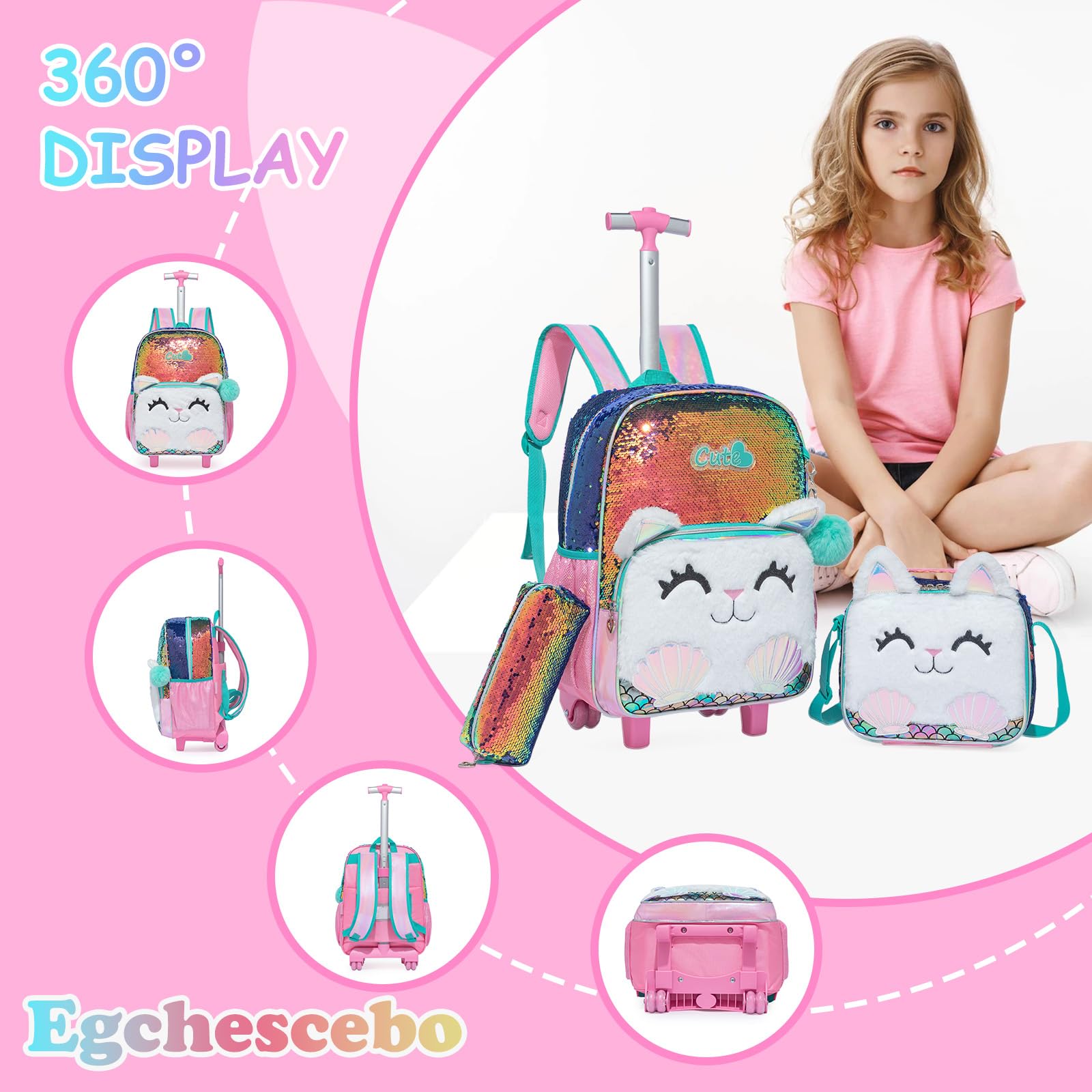 Mochilas Escolares con Gatos Ruedas Carro Niña 17" 3PCS Mochila Carrito para Trolley Escolar Bolso Viaje Estuche Stitch Mujer Maleta Colegio Grande Medianas Infantil Niñas Peluche Champán