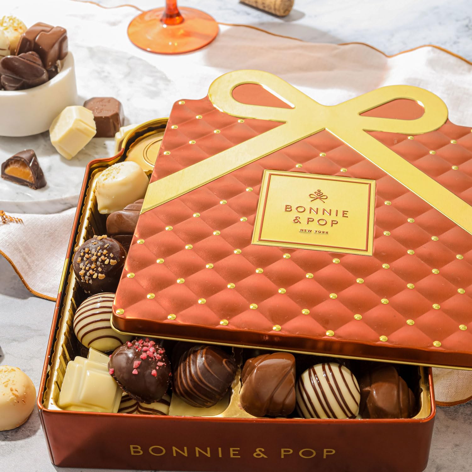 Thanksgiving Chocolate Gift Basket, Candy Food Gifts Arrangement Platter, Gourmet Snack Gift Bow Tin Box, Present Idea, Stocking Stuffer, Corporate Him & Her, Men Women Family Parties- Gourmet Belgian Truffles- Brown- Bonnie & Pop