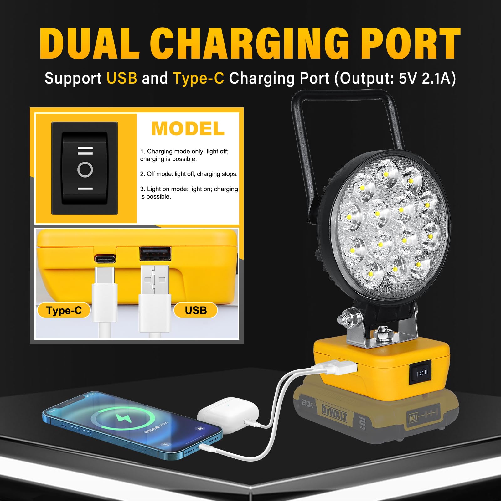 AUXTINGS Projecteur de Chantier pour Dewalt Batterie,2x 72W Projecteur LED Rechargeable,7200LM Lampes de Travail Portable Pour l'atelier, Camping, Réparations Automobiles, Chantier (Sans Batterie)