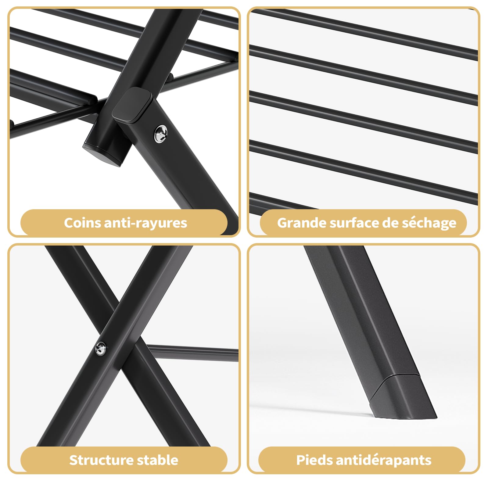 SKYIARIOL Etendoir Linge Interieur Pliable - Sechoir a Linge Pliable 3 Étagères Métallique Extérieur - et Extensible Gain de Place - Sèche Linge Tour - Solide Stable(Noir)