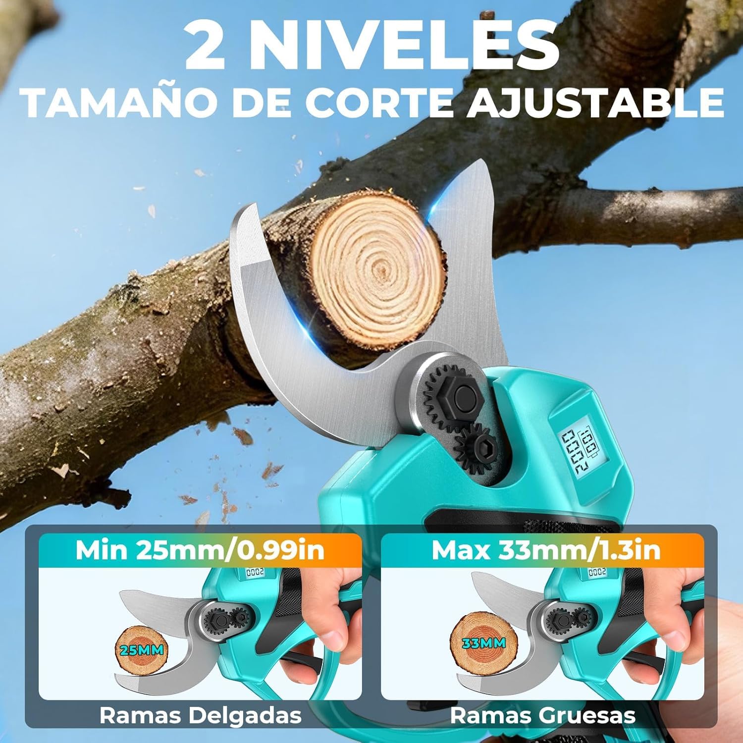 Tijeras de Podar Eléctricas, 21V Motor Sin Escobillas,33mm Tijeras de Podar Bateria con 2 x 2 Ah Baterías,Pantalla LCD y SK7 Cuchillas, Ligera Tijeras Podar para Jardinería, Árboles Frutales, Rosales