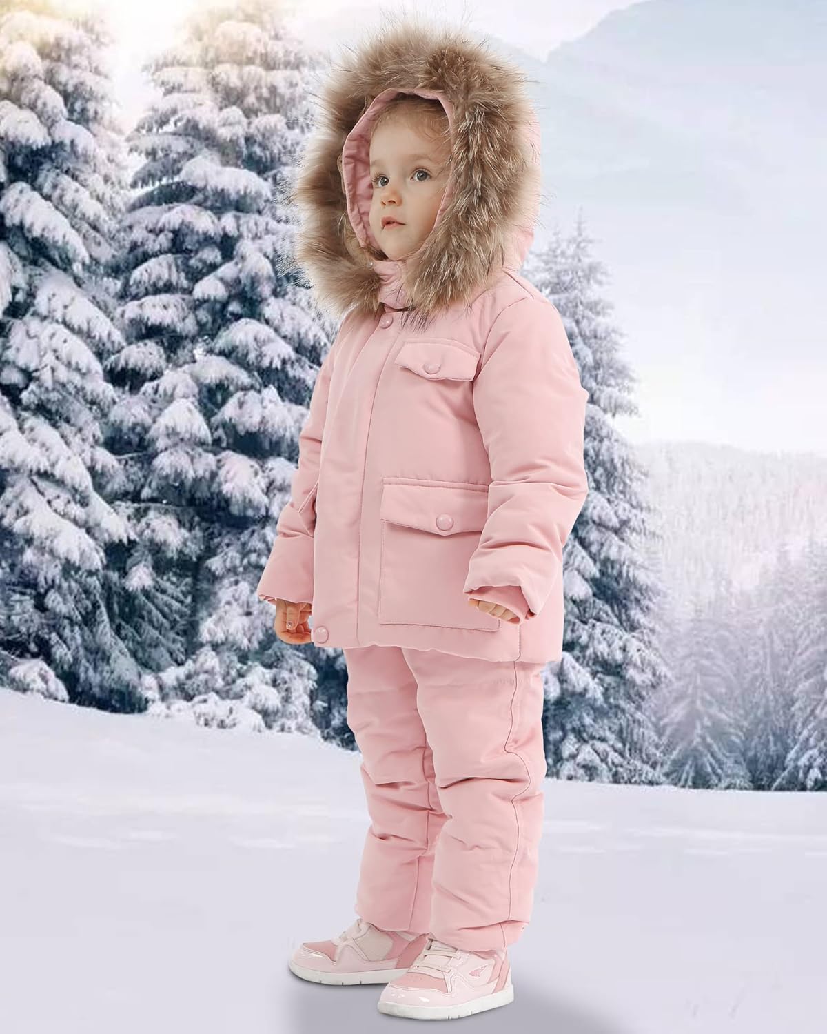 YUEMION Toddler Girl Snowsuit 2Pcs Kids Down Jacket Winter Hooded Coat +Snow Bib Pants Kids Windproof Skiing Suit (2T/6T)