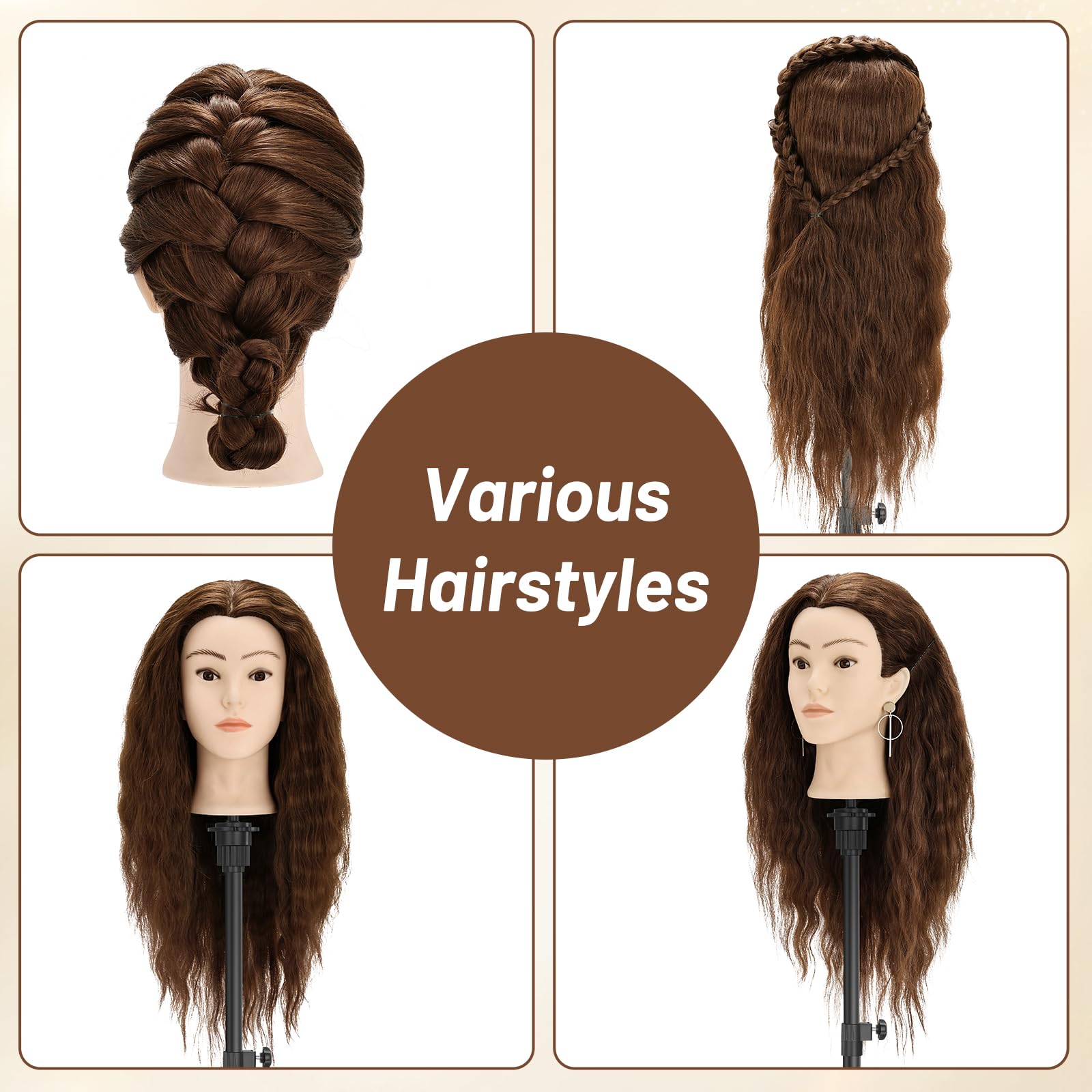 Frisierkopf, Frisierkopf mit 90 % Echthaar, 61 cm, Puppenkopf für Haarstyling, Kosmetologie und Training, Stylingkopf mit Tischklemmenhalter, Braun