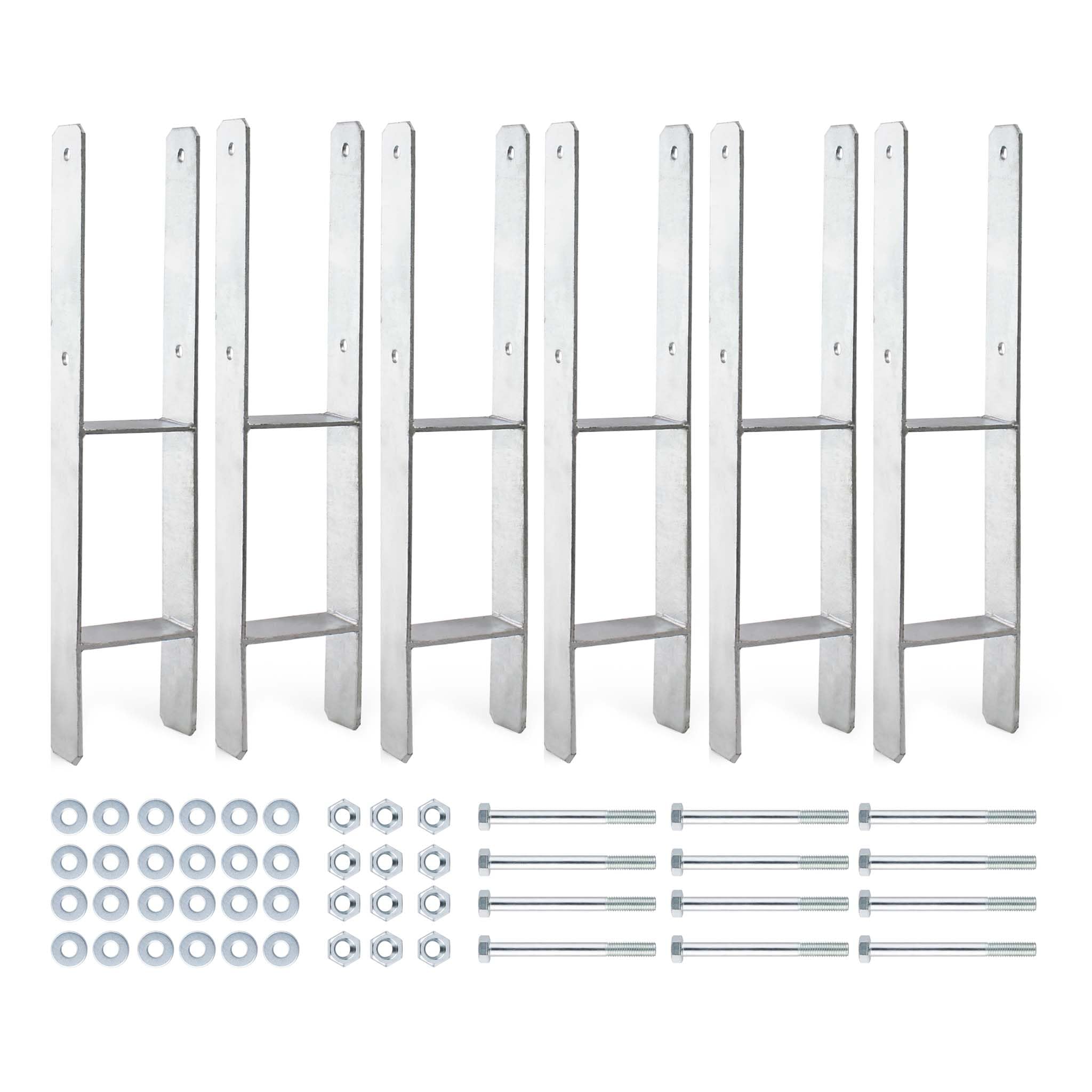 XPOtool Supporto per pali zincato a caldo 91 x 600 mm 6 pezzi, staffa portapalo a H in acciaio al carbonio, fissaggio pali con fori M10 x 140, porta palo con 6 rinforzi