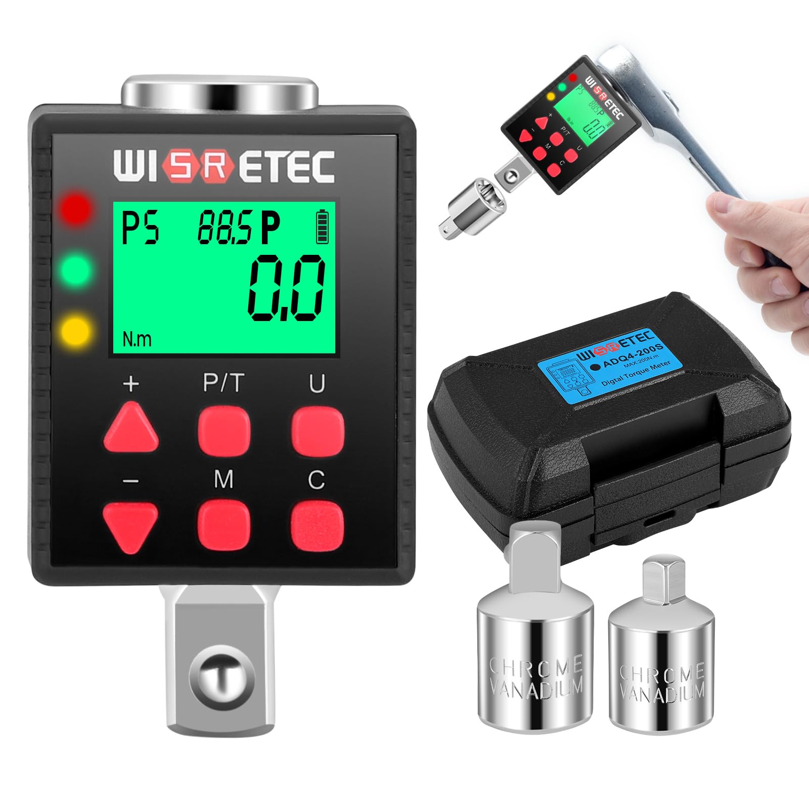 Adaptateur de Couple Numérique 1/2", 3.4-340Nm Clé Dynamométrique Numérique Outillage Mecanique Auto, Mode P/T, Stockage de Données, LED et Alerte Sonore, 1/4" 3/8" Adaptateur pour Auto, Moto