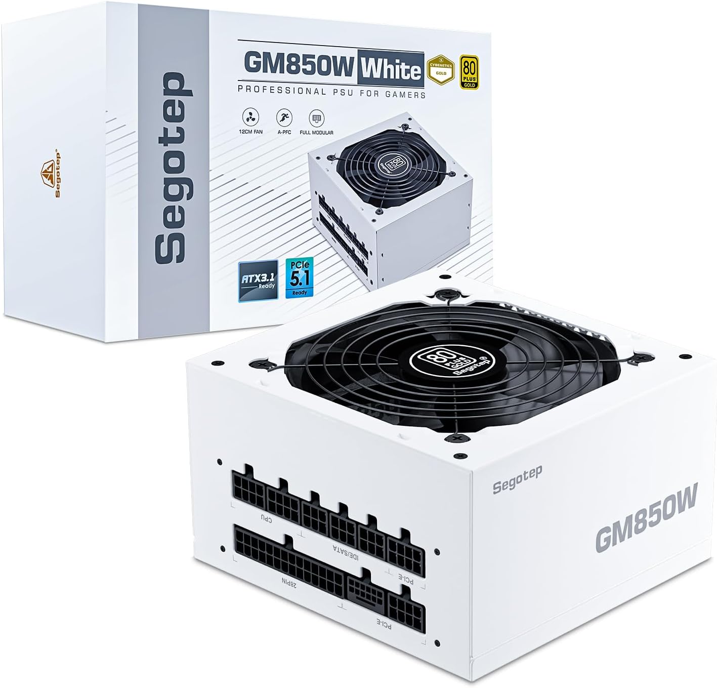 Segotep GM850 White Power Supply 850W, PCIe 5.1 & ATX 3.1 Full Modular 80 Plus Gold PSU for NVIDIA RTX 40/50 Series and AMD Graphics Cards, 100% Japanese 105°C Capacitor