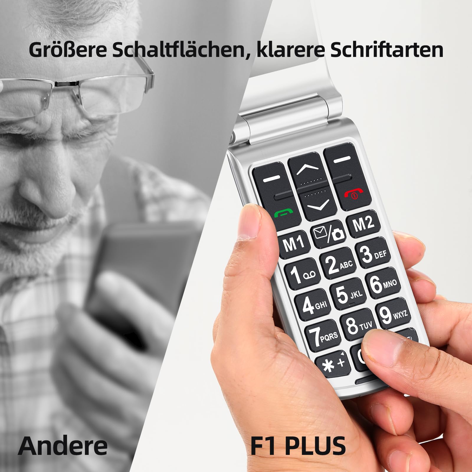 SweetLink F1PLUS Seniorenhandy Klapphandy Ohne Vertrag, Großtastenhandy mit Ladestation, GSM Flip Mobiltelefon SOS Notruffunktion, 1000mAh Akku, Taschenlampe, FM-Radio, 2,4 Zoll Farbdisplay, Schwarz