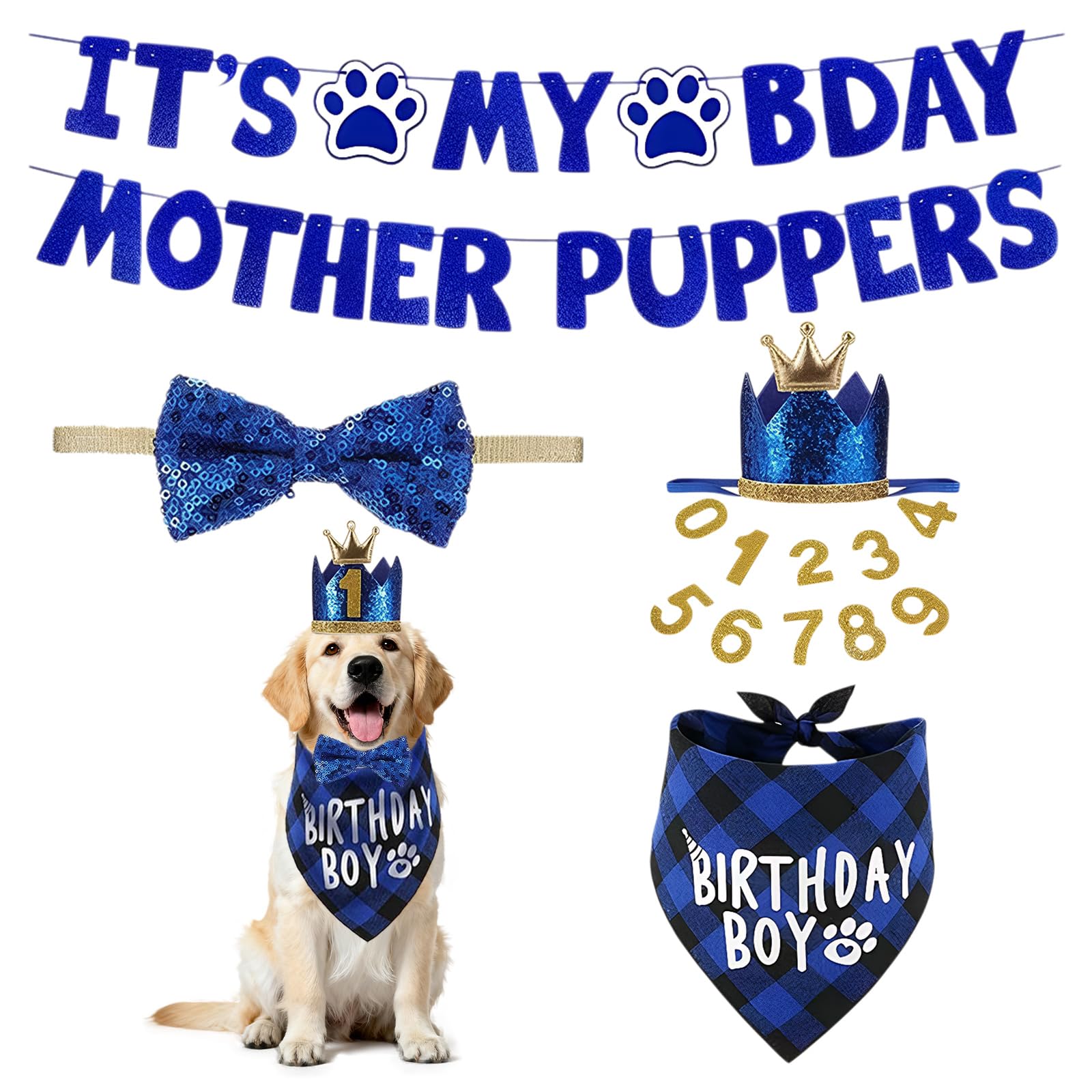 Mnuwoee Dog Birthday Set with Bandana Crown Bow Tie and Glitter Numbers