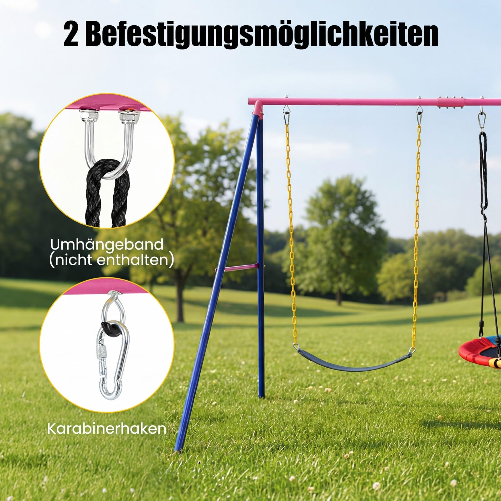 COSTWAY Podwójna huśtawka ze stelażem, huśtawka outdoorowa dla dzieci, stelaż huśtawki z huśtawką dziecięcą i huśtawką gniazdową, obciążenie do 250 kg (2 huśtawki ze stelażem)
